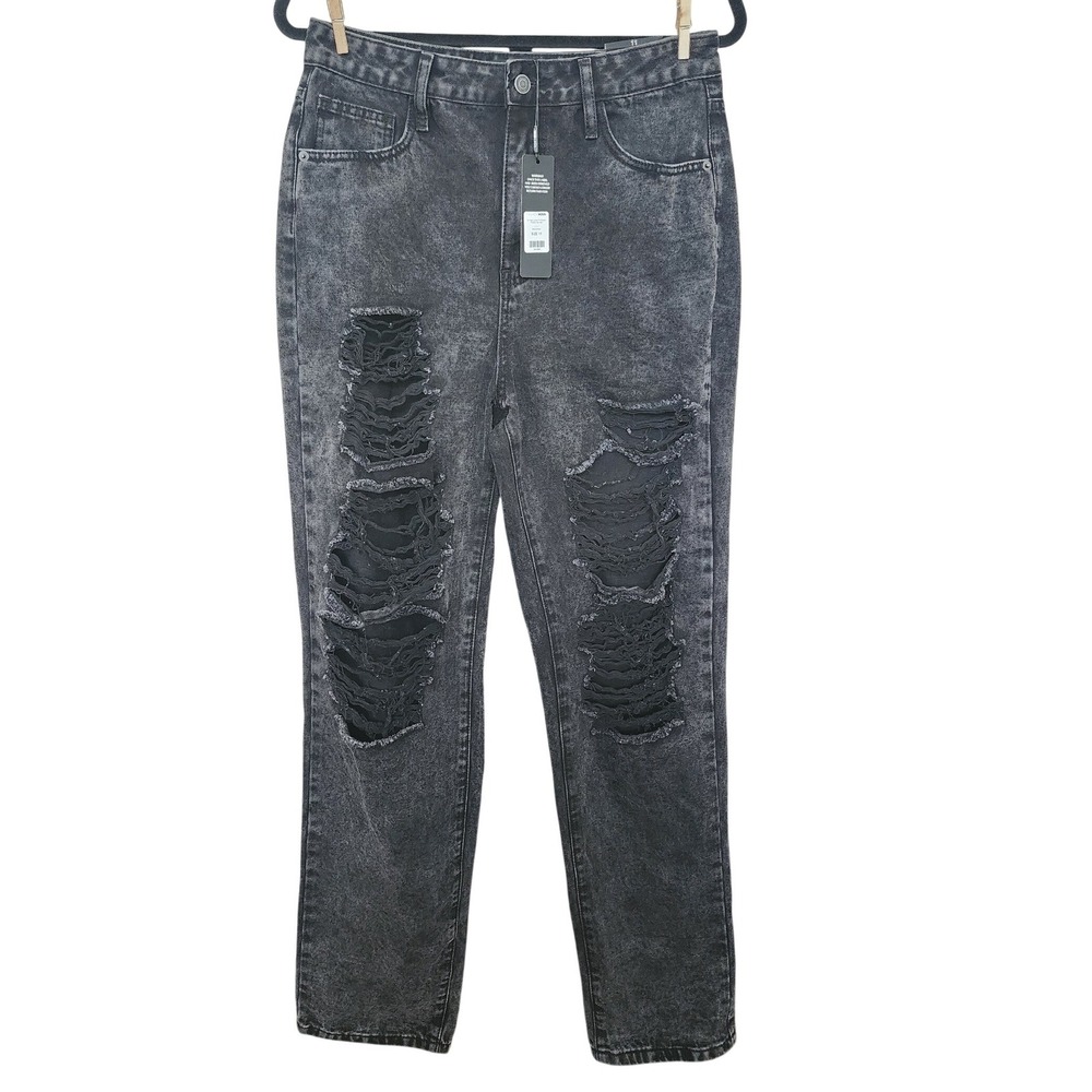 Y2K Loose Fit Ripped‎ Straight Leg Jeans Black Wash Distressed 11 Grunge Ripped